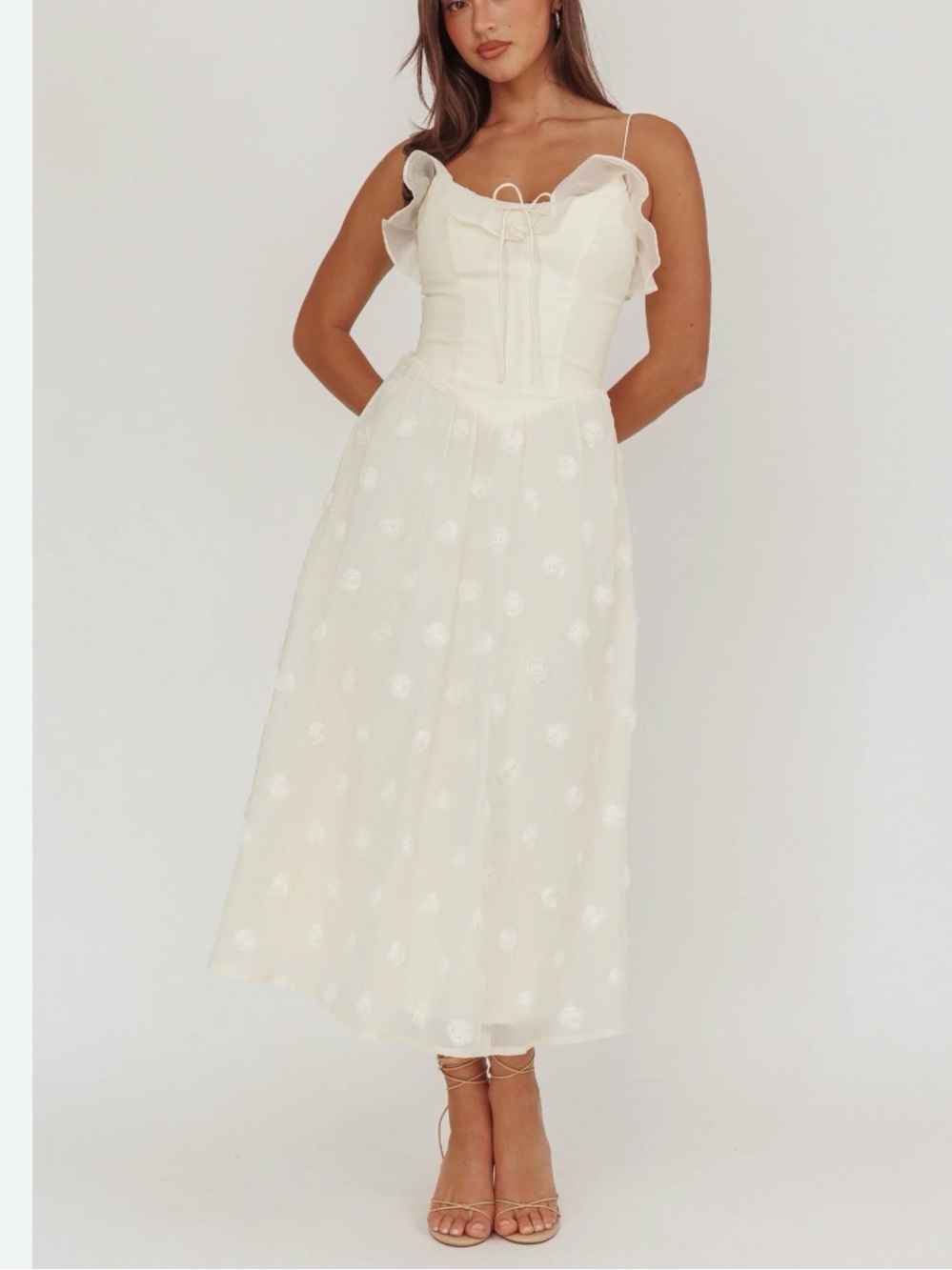 Selfie Leslie Cream Ruffled Tie-Strap Midi Dress